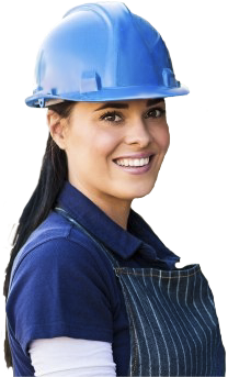 Smiling woman worker wearing blue helmet and shirt