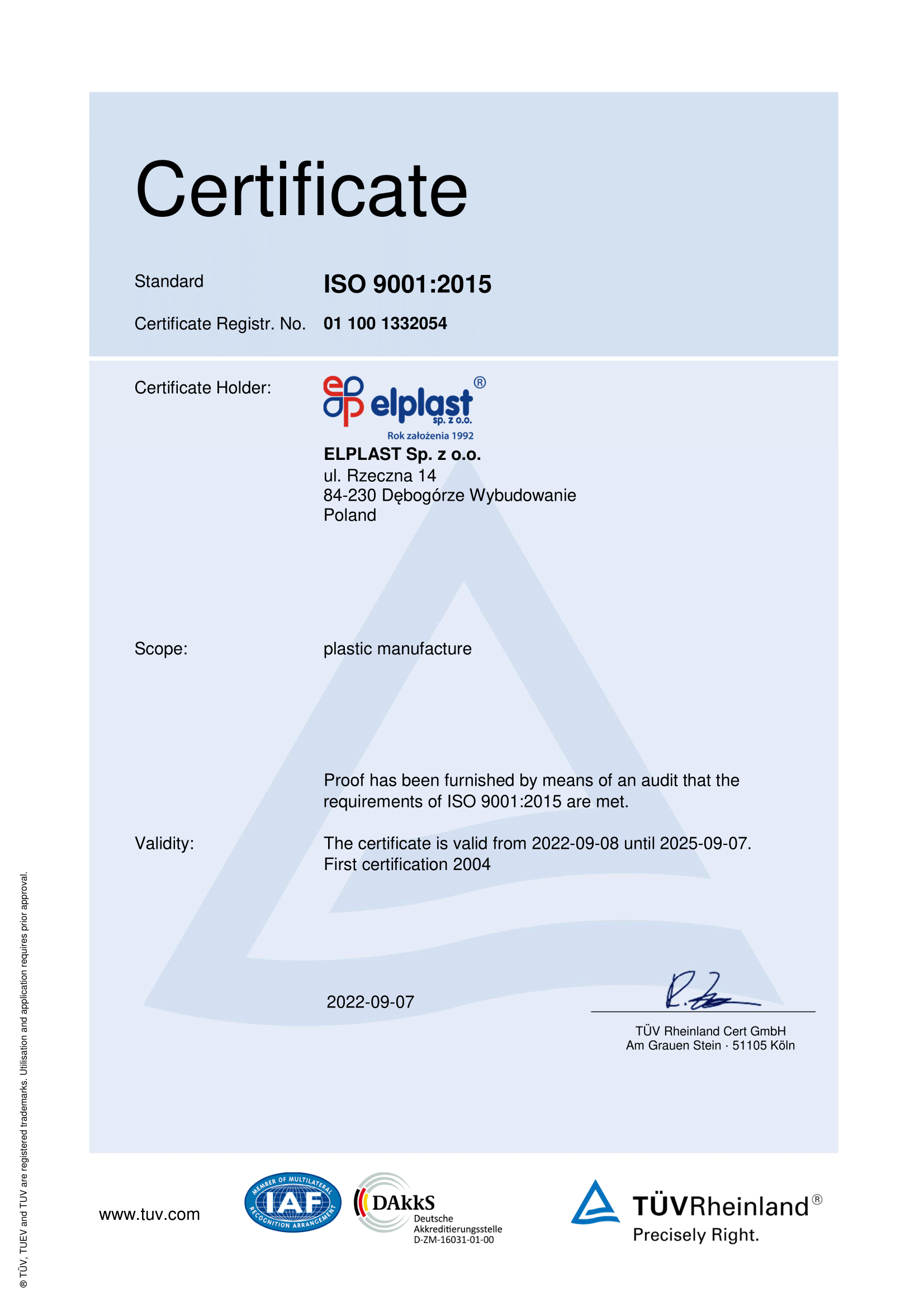 Mockup of a TUV Rheinland certificate of ISO quality