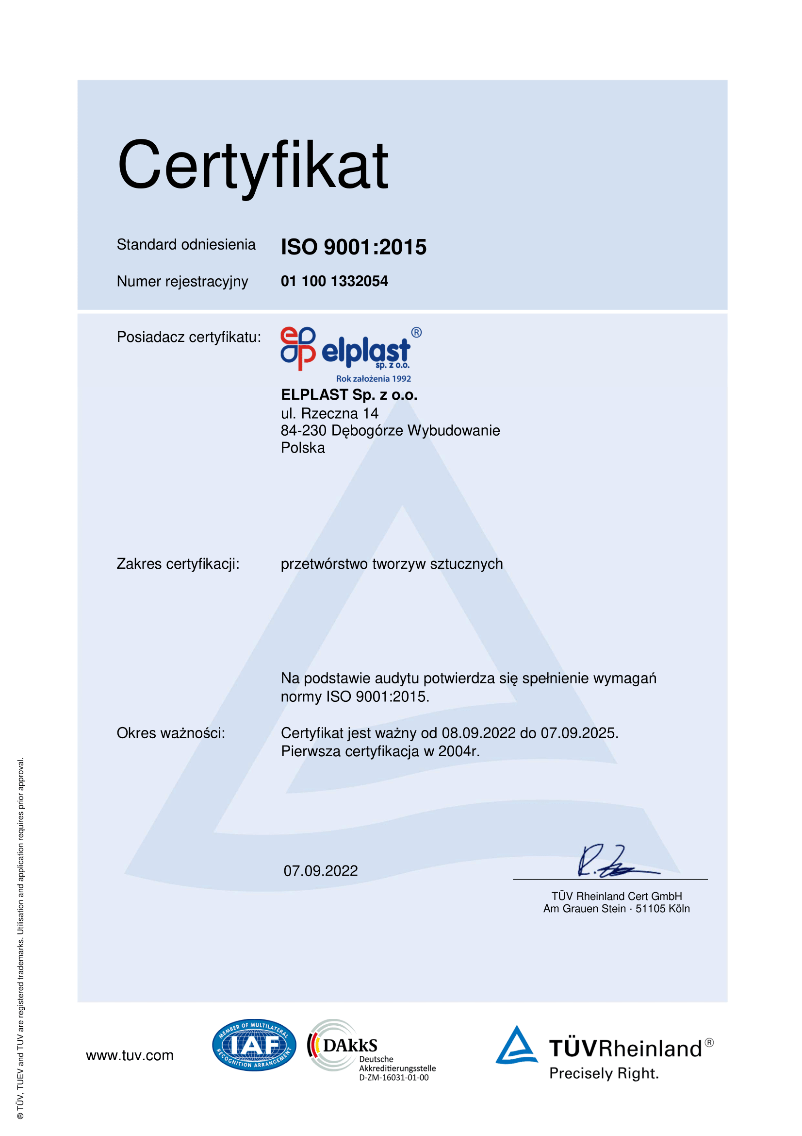 Mockup of a TUV Rheinland certificate of ISO quality